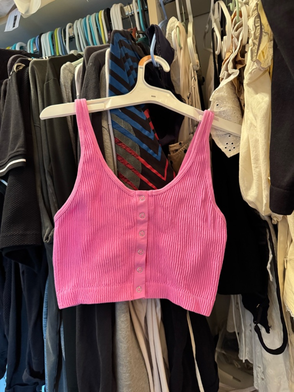 aerie Hot Pink Ribbed Button-Front Crop Tank
